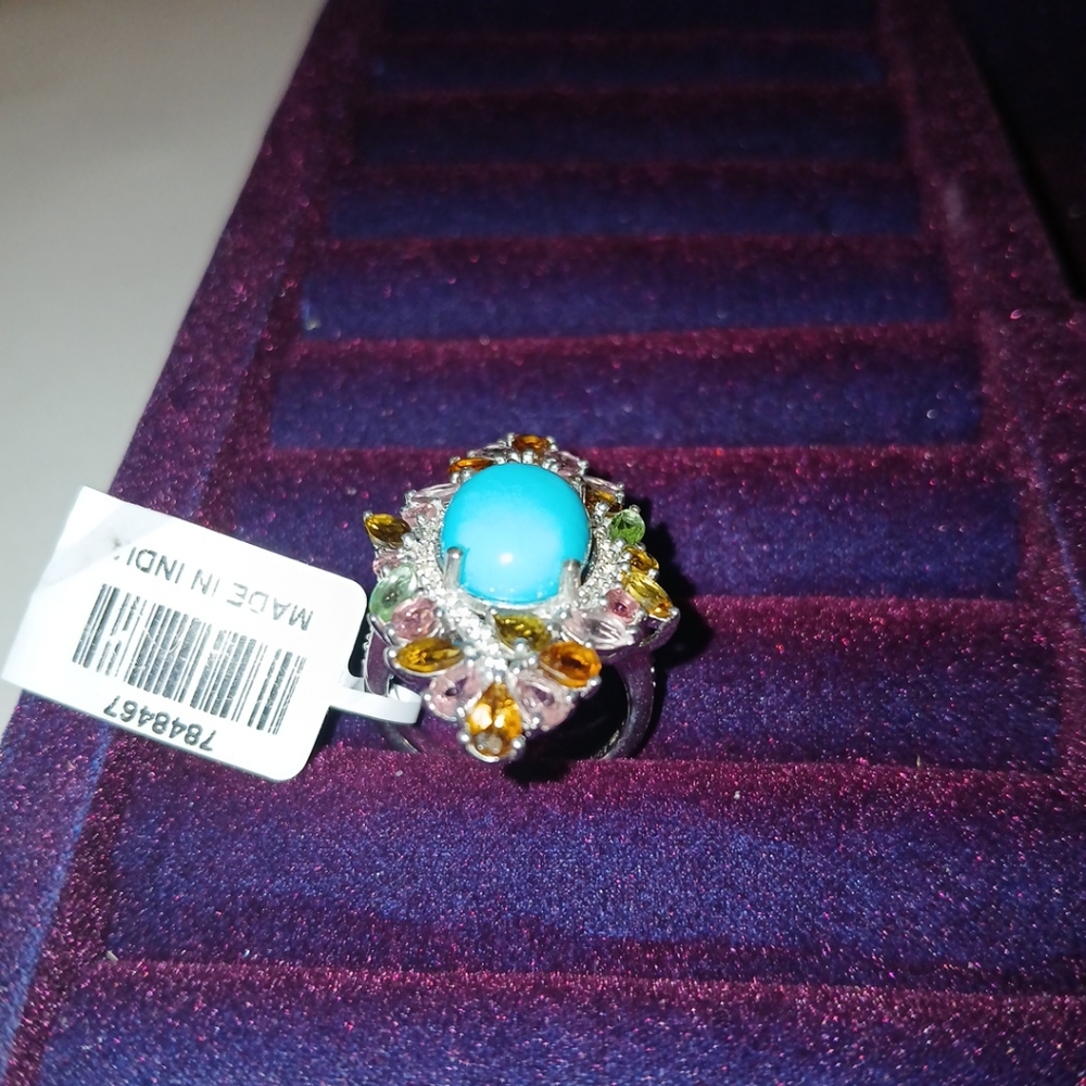 Premium Sleeping Beauty Turquoise, Multi Gemstone Forest Bloom Ring in Rhodium.